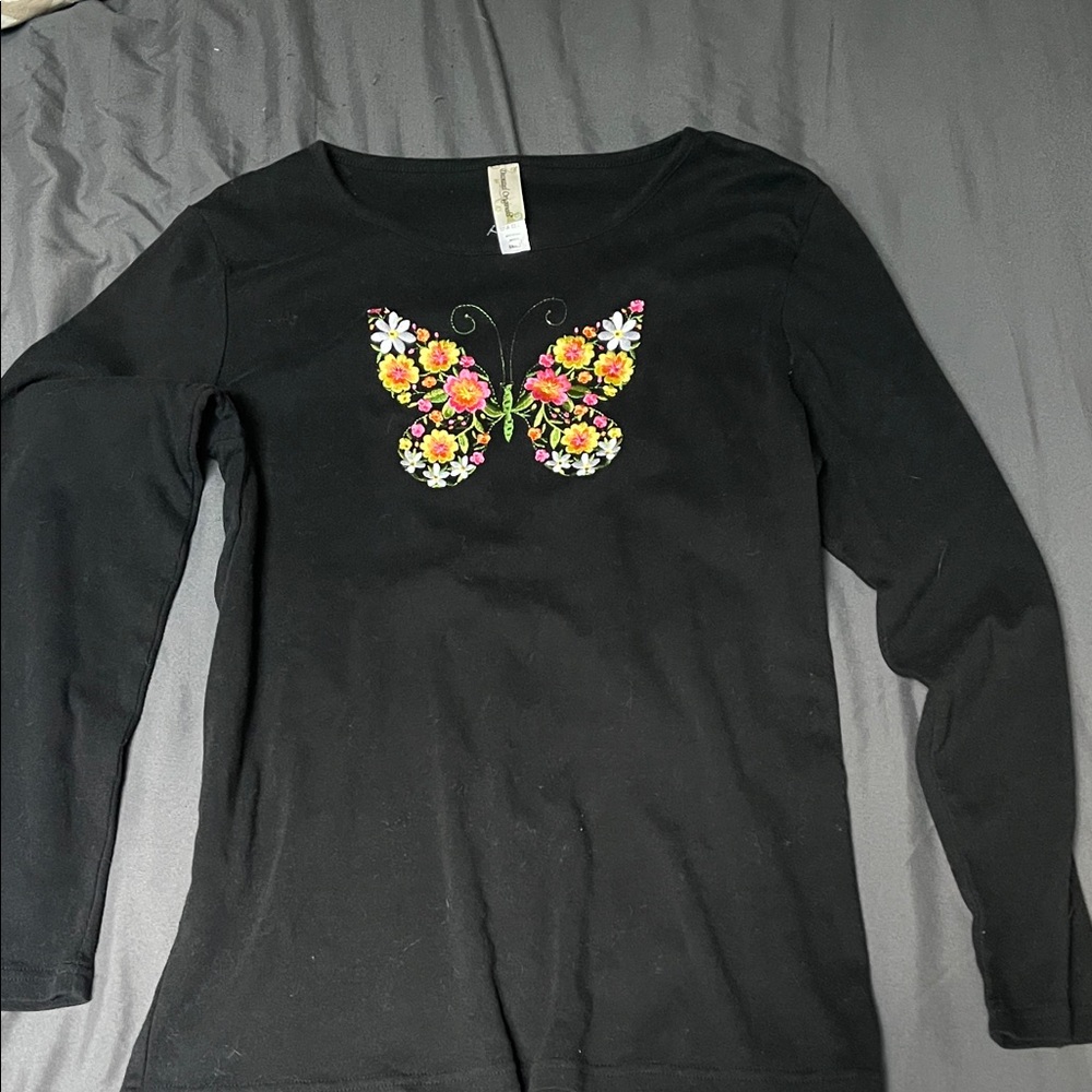 Black Long Sleeve Tee with Floral Butterfly
